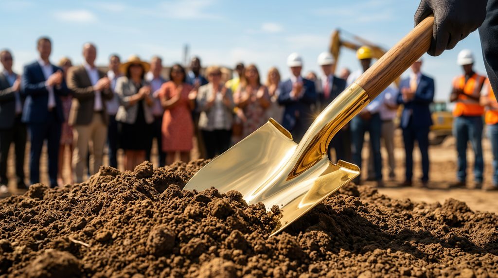 Gold shovel in the dirt during a groundbreaking ceremony for a new construction project.