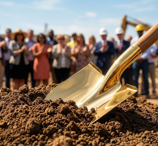 Gold shovel in the dirt during a groundbreaking ceremony for a new construction project.